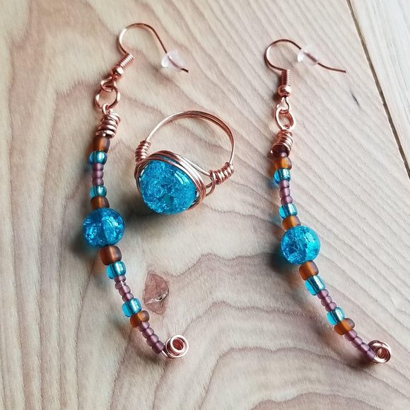 Copper Wire Earrings Rings Turquoise Set - Picture 8 of 10